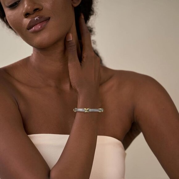 ⭐Women Twisted Cable Wire Bangles Bracelets Two Tone Three Cross Jewelry - Picture 2 of 6